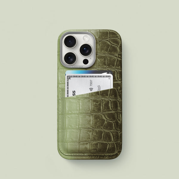 Double Card Case Celadon Green For iPhone 16 Pro In Himalayan Crocodile