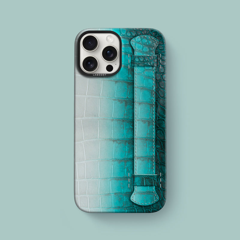 iPhone 16 Pro Max Strap Case 1/1 Turquoise Himalayan Crocodile with Black Metal -1 | Turquoise-Black