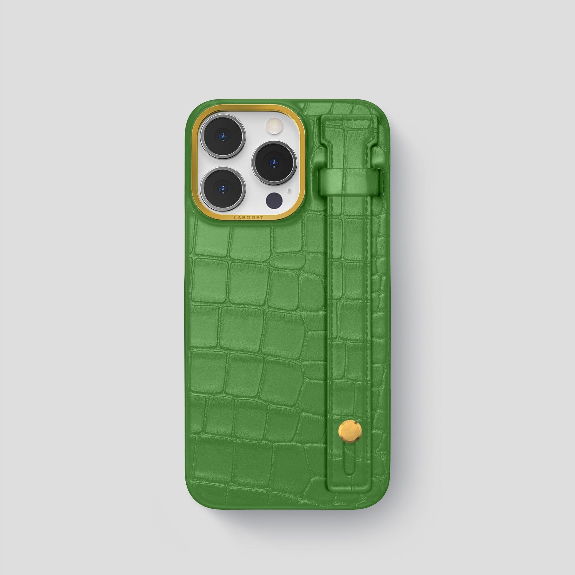 Gold Finger Strap Case for iPhone 13 in Genuine Alligator